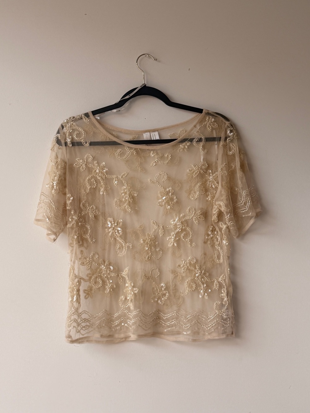 Forever 21 Gold Beaded Sheer Floral Embroidered Top